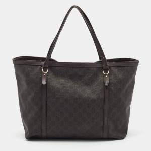 Pre Owned Gucci Dark Brown GG Supreme Canvas and Leather Medium Nice Tote