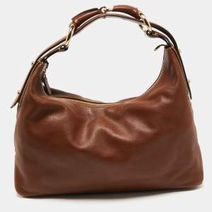 Pre Owned Gucci Brown Leather Medium Horsebit Handle Hobo 