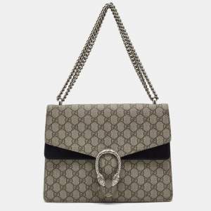 Gucci Black/Beige GG Supreme Canvas and Suede Medium Dionysus Shoulder Bag