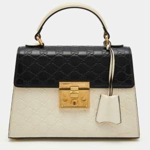 Pre Owned Gucci Off White/Black Guccissima Leather Small Padlock Top Handle Bag
