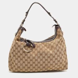 Pre Owned Gucci Brown/Beige GG Canvas Medium Icon Bit Hobo
