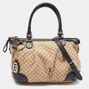 Pre Owned Gucci Black/Beige Diamond Canvas and Leather Medium Sukey Tote