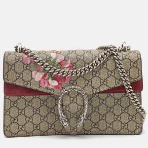 Pre Owned Gucci Burgundy/Beige GG Supreme Canvas and Suede Small Blooms Dionysus Shoulder Bag