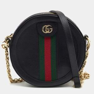 Pre Owned Gucci Black Leather Mini Web Ophidia GG Round Shoulder Bag