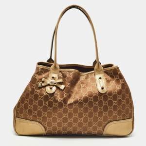 Pre Owned Gucci Gold/Brown GG Satin and Leather Princy Tote
