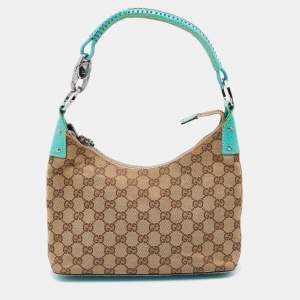 Pre Owned Gucci Beige/Green GG Canvas and Leather Hobo