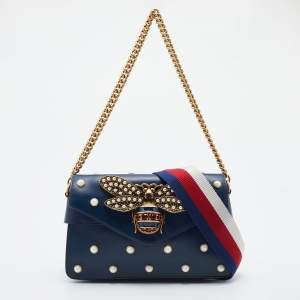 Pre Owned Gucci Blue Leather Mini Pearl Studded Queen Margaret Broadway Shoulder Bag 