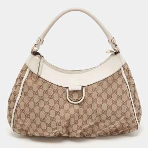 مملوكة مسبقًا Gucci White/Beige GG Canvas and Leather Large Abbey D Ring Shoulder Bag