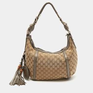 Pre Owned Gucci Beige/Metallic GG Canvas Techno Horsebit Hobo Bag