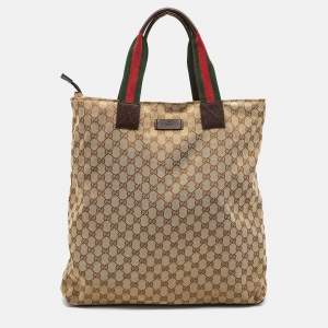 Pre Owned Gucci Beige/Brown GG Canvas Web Handle Vertical Tote