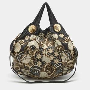 Pre Owned Gucci Black Tapestry Leather Large Hysteria Hobo