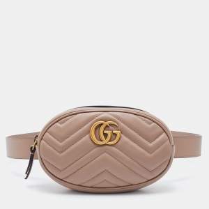 Pre Owned Gucci Beige Matelassé Leather GG Marmont Belt Bag