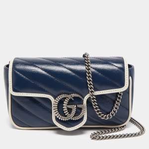 Pre Owned Gucci Dark Blue/White Diagonal Matelasse Leather Super Mini GG Marmont Bag