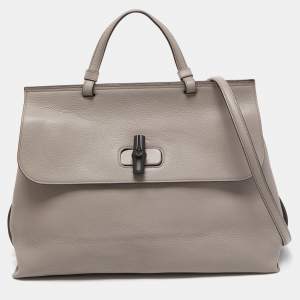Pre Owned Gucci Grey Leather Large Bamboo Daily Top Handle Bag