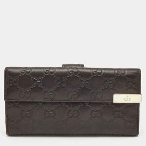 Gucci Dark Brown Guccissima Leather Metal Flap Continental Wallet