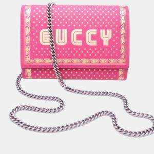 Gucci Pink Leather Limited Edition Printed Guccy Wallet on Chain