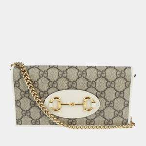 Gucci White/Beige GG Canvas and Leather Horsebit 1955 Wallet on Chain