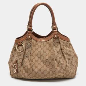 Pre Owned Gucci Bronze/Beige GG Canvas and Leather Medium Sukey Tote