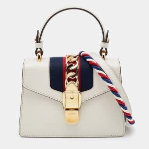 Pre Owned Gucci White Leather Mini Web Sylvie Top Handle Bag