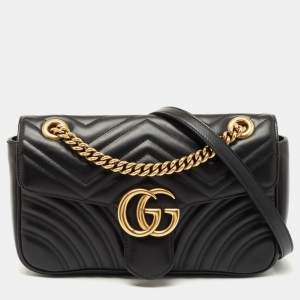 مملوكة مسبقًا Gucci Black Matelassé Leather Small GG Marmont Shoulder Bag