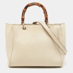 Pre Owned Gucci Off White Leather Mini Bamboo Tote