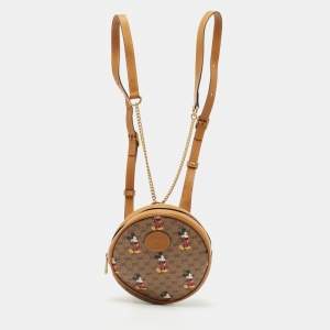 Pre Owned Gucci x Disney Brown GG Supreme Canvas and Leather Mickey Mouse Round Backpack