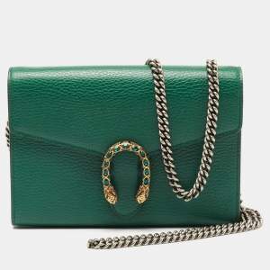 Pre Owned Gucci Green Leather Mini Dionysus Wallet on Chain 