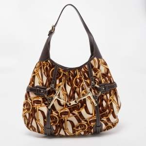 Pre Owned Gucci Dark Brown/Beige Leather And Horsebit Print Velvet 85th Anniversary Brit Hobo