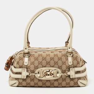 Pre Owned Gucci Beige/White GG Canvas and Leather Wave Boston Bag
