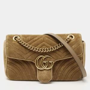 Pre Owned Gucci Beige Matelassé Velvet Small GG Marmont Shoulder Bag