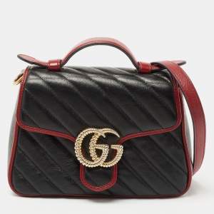 Pre Owned Gucci Black Diagonal Quilt Leather Mini GG Marmont Torchon Top Handle Bag