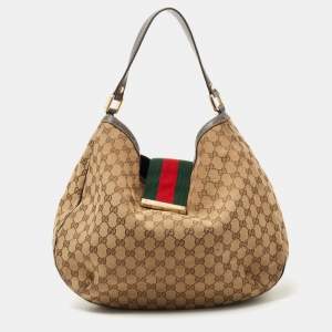 Pre Owned Gucci Beige/Ebony GG Canvas Medium New Ladies Web Hobo 