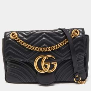 Pre Owned Gucci Black Matelassé Leather Medium GG Marmont Shoulder Bag