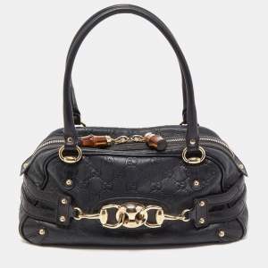 Pre Owned Gucci Black Leather Guccissima Horsebit Wave Boston Bag