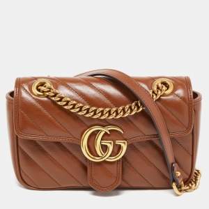 Gucci Brown Diagonal Quilted Leather Mini GG Marmont Shoulder Bag