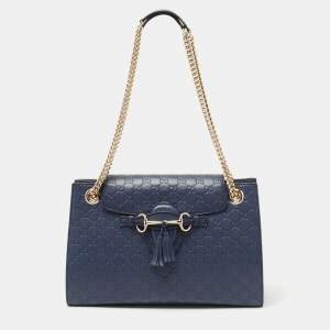 Pre Owned Gucci Dark Blue Guccissima Leather Large Emily Chain Shoulder Bag