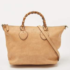 Pre Owned Gucci Tan Leather Medium Bamboo Shopper Tote