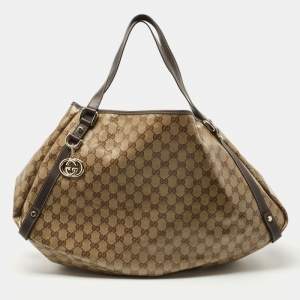 Pre Owned Gucci Beige/Brown Crystal GG Canvas and Leather Pelham Tote