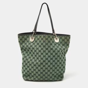 Pre Owned Gucci Green GG Canvas and Leather Tote