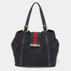 Pre Owned Gucci Black GG Canvas Medium New Ladies Web Tote