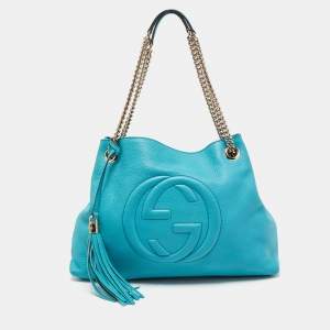 Pre Owned Gucci Blue Leather Medium Chain Soho Shoulder Bag