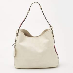Pre Owned Gucci White Leather Blue Web Hobo