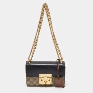 Gucci Black/Beige GG Supreme Canvas and Leather Small Padlock Shoulder Bag