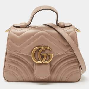 Gucci Beige Matelasse Leather Mini GG Marmont Top Handle Bag
