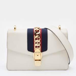 Pre Owned Gucci Off White Leather Small Web Sylvie Shoulder Bag