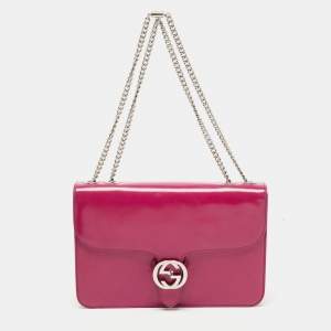 Pre Owned Gucci Fuchsia Glossy Leather Medium Interlocking G Shoulder Bag