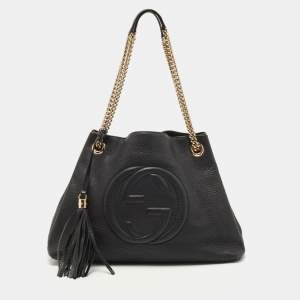 Pre Owned Gucci Black Grained Leather Medium Chain Soho Shoulder Bag
