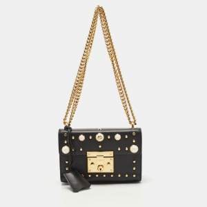 Pre Owned Gucci Black Leather Small Pearl Studded Padlock Shoulder Bag