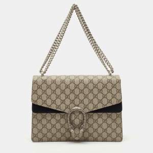 Pre Owned Gucci Black/Beige GG Supreme Canvas and Suede Medium Dionysus Shoulder Bag