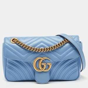 Pre Owned Gucci Light Blue Matelassé Leather Small GG Marmont Shoulder Bag